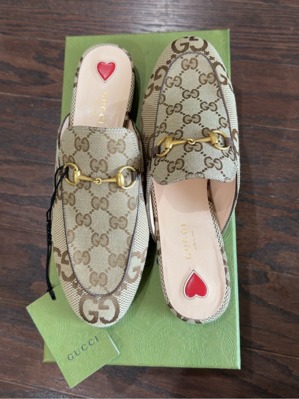 Gucci Beige GG Canvas Horsebit Mules with Red Heart Insole